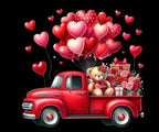 Valentine's Day T-Shirt, Red Truck with Heart Balloons and Teddy Bear Graphic, Short Sleeve Crew Neck