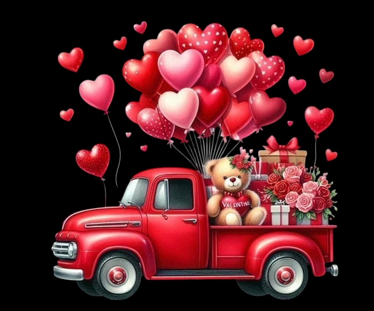 Valentine's Day T-Shirt, Red Truck with Heart Balloons and Teddy Bear Graphic, Short Sleeve Crew Neck