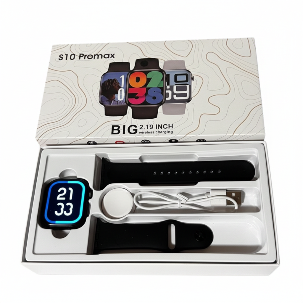 Smartwatch negro con pantalla de 2.19 pulgadas en empaque premium con accesorios