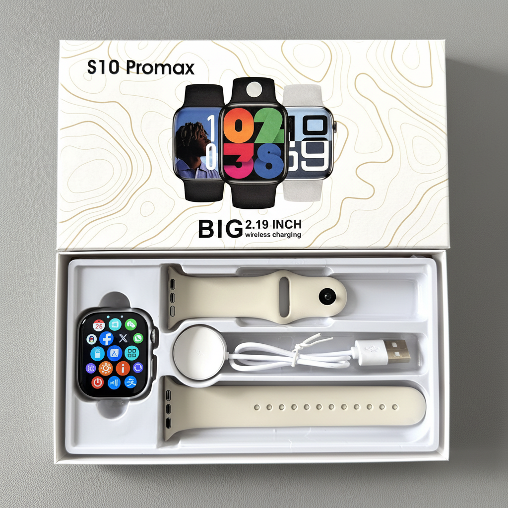 Smartwatch plateado con pantalla de 2.19 pulgadas en empaque premium con accesorios