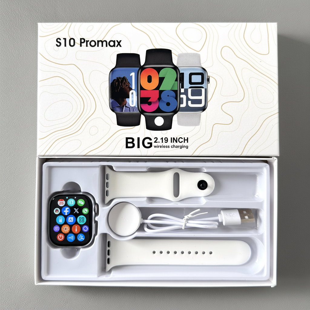 Smartwatch blanco con pantalla de 2.19 pulgadas en empaque premium con accesorios