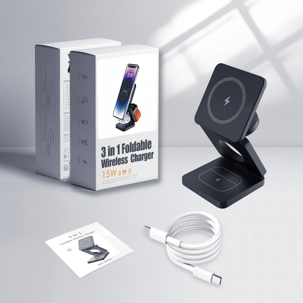 Estación de carga inalámbrica 3 en 1 plegable en fondo blanco profesional