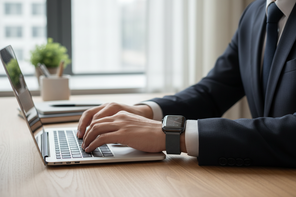 Persona usando Apple Watch con correa magnética en ambiente profesional