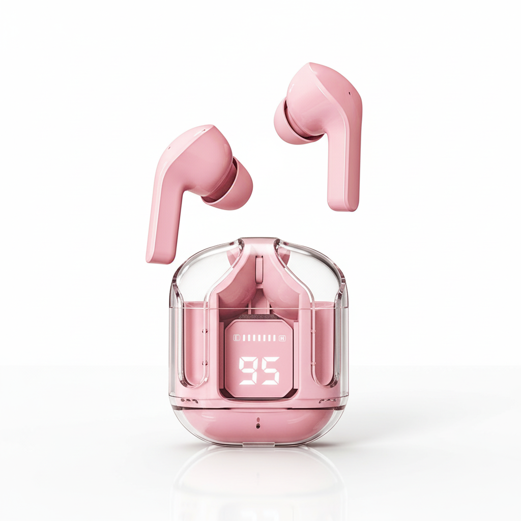 Audífonos inalámbricos con estuche de carga y pantalla digital en fondo blanco