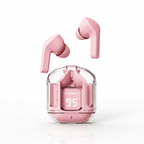 Audífonos inalámbricos con estuche de carga y pantalla digital en fondo blanco