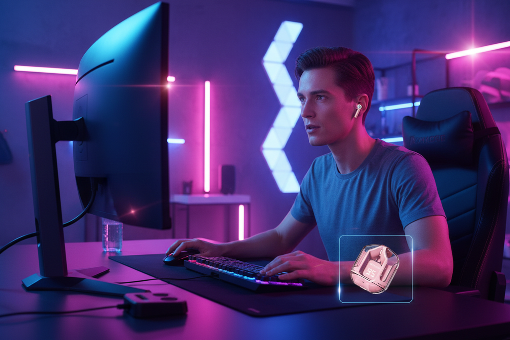 Persona usando audífonos inalámbricos mientras juega o escucha música