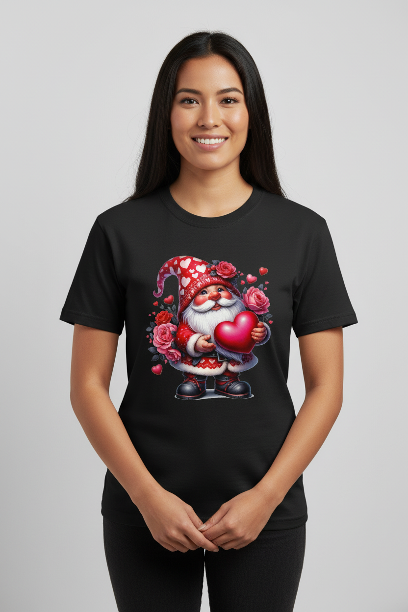 Modelo con camiseta negra de gnomo de San Valentín