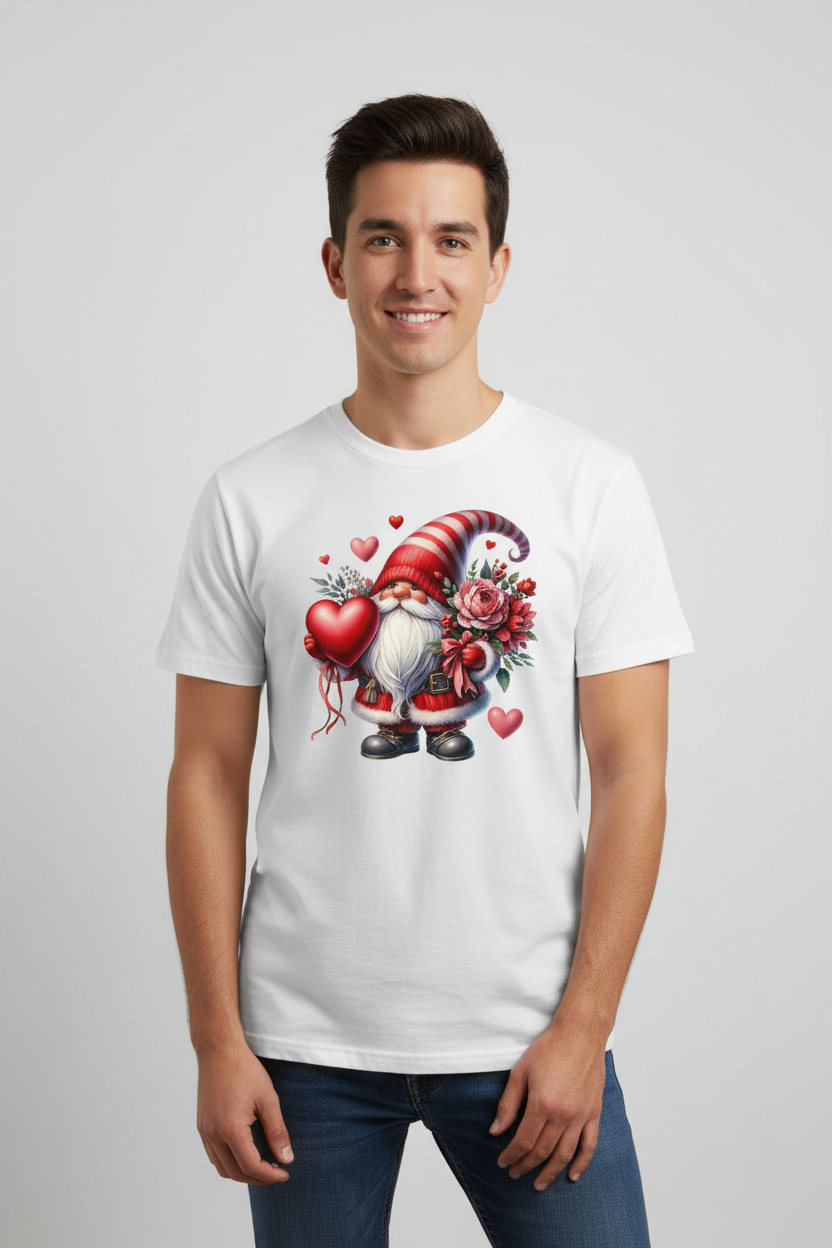 Modelo con rostro visible usando camiseta blanca de gnomo de San Valentín