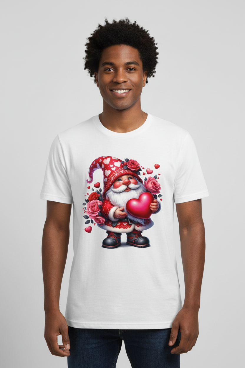 Modelo de piel oscura con camiseta blanca de gnomo de San Valentín