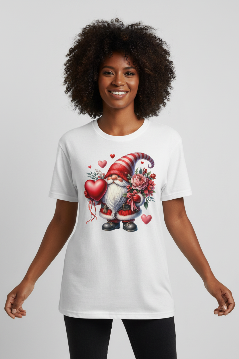 Modelo mujer de piel oscura con cabello rizado usando camiseta blanca de gnomo de San Valentín