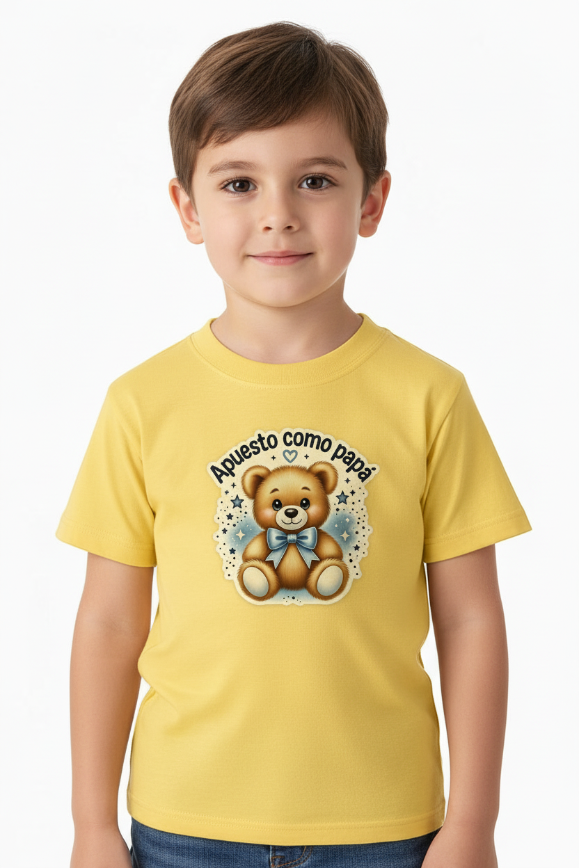 Niño con camiseta "Apuesto como papá"