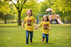 Niños jugando en el parque con camisetas del gnomo